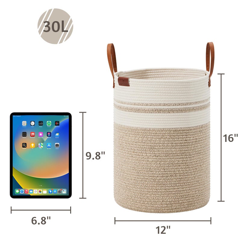 VIPOSCO Small Laundry Basket  Slim Baby Hamper with Leather Handle  Cute Woven Rope Storage Basket for Blanket  Kids Toy  Clothes In Living Room  Bathroom  Bedroom  Nursery Room - 30L Brown & White - Image 5